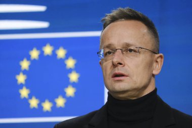 Hungarian Foreign Minister Peter Szijjarto gives a press conference on results of EU ministerial meeting in Brussels, Belgium on Nov. 21, 2024. clipart