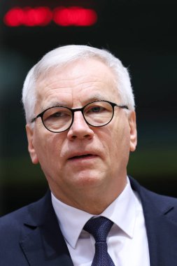 Maliye Bakanı Rimantas Sadzius 21 Ocak 2025 'te Belçika' nın Brüksel kentindeki Avrupa Konseyi 'ne Avrupa Maliye Bakanları toplantısına katılmak üzere geldi..