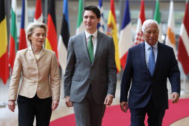 EU Council President Antonio COSTA and EU Commission President Ursula von der LEYEN receives the Prime Minister of Canada Justin TRUDEAU in Brussels, Belgium on Feb. 12, 2025. clipart