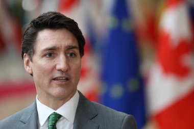 EU Council President Antonio COSTA, EU Commission President Ursula von der LEYEN  and the Prime Minister of Canada Justin TRUDEAU give a presser ahead a meeting in Brussels, Belgium on Feb. 12, 2025. clipart