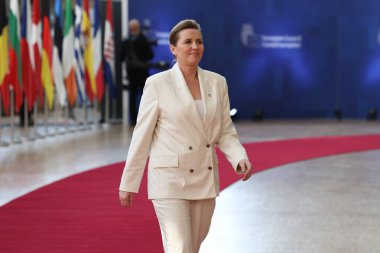 Danimarka Başbakanı Mette Frederiksen, AB Zirvesi 'nin başında 20 Mart 2025' te Brüksel 'deki AB genel merkezinde basın açıklaması yaptı..