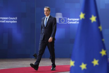 Yunanistan Başbakanı Kyriakos Mitsotakis, 20 Mart 2025 'te Brüksel' deki AB genel merkezinde düzenlenen AB Zirvesi 'nin başında basın açıklaması yaptı..