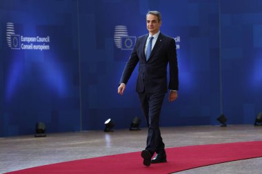 Yunanistan Başbakanı Kyriakos Mitsotakis, 20 Mart 2025 'te Brüksel' deki AB genel merkezinde düzenlenen AB Zirvesi 'nin başında basın açıklaması yaptı..