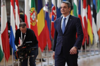 Yunanistan Başbakanı Kyriakos Mitsotakis, 20 Mart 2025 'te Brüksel' deki AB genel merkezinde düzenlenen AB Zirvesi 'nin başında basın açıklaması yaptı..