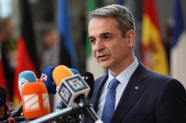 Yunanistan Başbakanı Kyriakos Mitsotakis, 20 Mart 2025 'te Brüksel' deki AB genel merkezinde düzenlenen AB Zirvesi 'nin başında basın açıklaması yaptı..