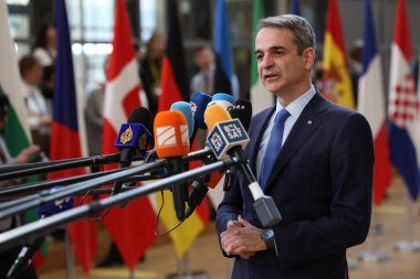Yunanistan Başbakanı Kyriakos Mitsotakis, 20 Mart 2025 'te Brüksel' deki AB genel merkezinde düzenlenen AB Zirvesi 'nin başında basın açıklaması yaptı..