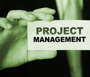 Kart işadamı tutanaklarındaki PROJECT MANAGEMENT sözcükleri. İş stratejisi insan kaynakları HR kavramı.