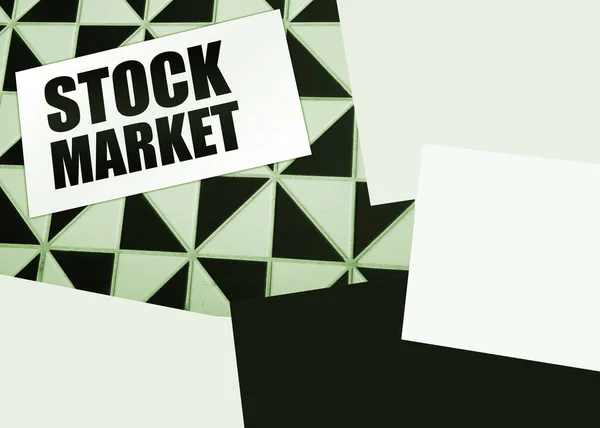 Stock Market Words Card Wooden Table Business Concept — Stock Photo, Image