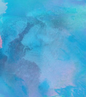 Watercolor in blue and purple red on texturized paper. Abstract poster color hand painted background.