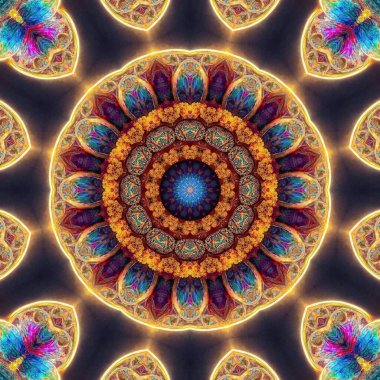 Sihirli mistik fraktal fantezi. Ezoterik neon parlayan geometrik mandala. Kaleydoskopik arkaplan. 