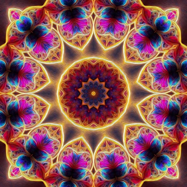 Sihirli Mistik Fraktal Fantezi Ezoterik Neon Parlayan Geometrik Mandala Kaleydoskopik — Stok fotoğraf
