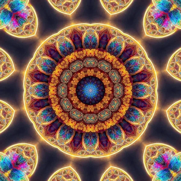 Magische Mystische Fantasie Fraktal Esoterisches Neonleuchtendes Geometrisches Mandala Kaleidoskopischer Hintergrund — Stockfoto