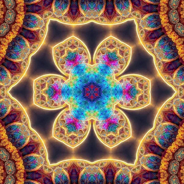 Magisk Mystisk Fantasi Fraktal Esoterisk Neon Glødende Geometrisk Mandala Kalejdoskopisk - Stock-foto