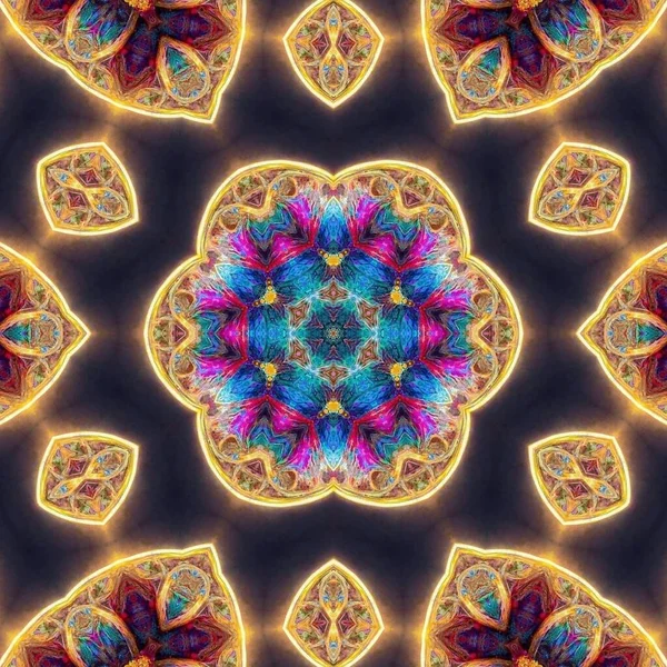 stock image Magic mystic fantasy fractal. Esoteric neon glowing geometric mandala. Kaleidoscopic background. 