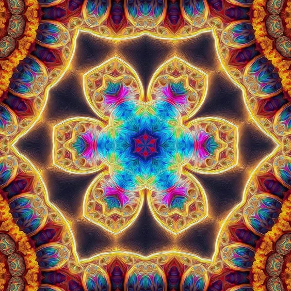 魔法の神秘的なファンタジーのフラクタル 密教ネオン輝く幾何学的な曼荼羅 万華鏡的背景 — ストック写真