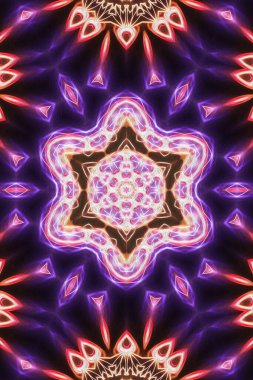 Sihirli mistik fraktal fantezi. Ezoterik neon parlayan geometrik mandala. Kaleydoskopik arkaplan.