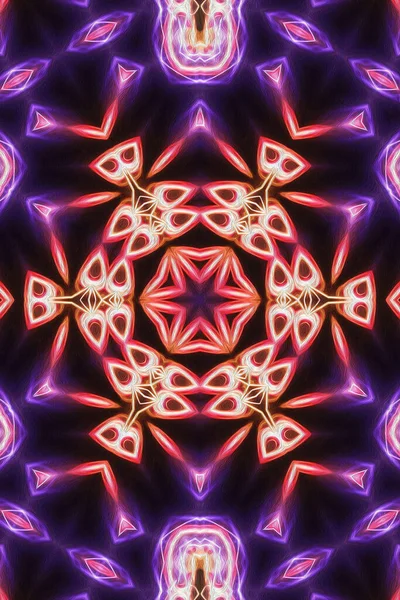 魔法奇幻分形 更年期霓虹灯发光的几何曼陀罗 Kaleidoscopic Background — 图库照片