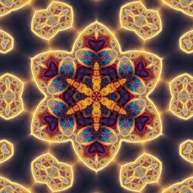 Ezoterik neon parlayan geometrik mandala. Kaleydoskopik arkaplan.