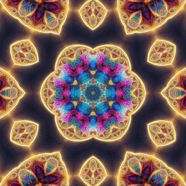 Ezoterik neon parlayan geometrik mandala. Kaleydoskopik arkaplan.