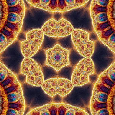 Ezoterik neon parlayan geometrik mandala. Kaleydoskopik arkaplan.