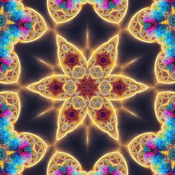 Esoteric neon glowing geometric mandala. Kaleidoscopic background.
