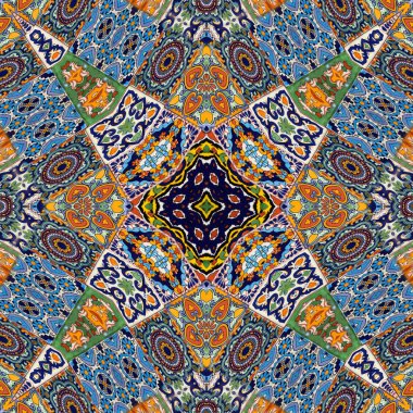 Lüks oryantal kiremit seamless modeli. Renkli çiçek patchwork arka plan. Mandala boho chic tarzı. Zengin çiçek süsleme. Altıgen tasarım öğeleri. Portekiz Fas motif. Olağandışı güzelleşmek yazdırma.