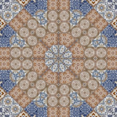 Luxury oriental tile seamless pattern. Colorful floral patchwork background. Mandala boho chic style. Rich flower ornament. Hexagon design elements. Portuguese Moroccan motif. 