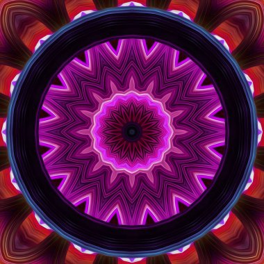 Magic fantasy fractal. Esoteric neon glowing geometric mandala. Kaleidoscopic background.