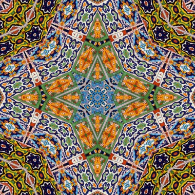 Luxury oriental tile seamless pattern. Colorful floral patchwork background. Mandala boho chic style. Rich flower ornament. Hexagon design elements. Portuguese moroccan motif. 