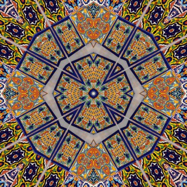 Luxury oriental tile seamless pattern. Colorful floral patchwork background. Mandala boho chic style. Rich flower ornament. Hexagon design elements. Portuguese moroccan motif. 
