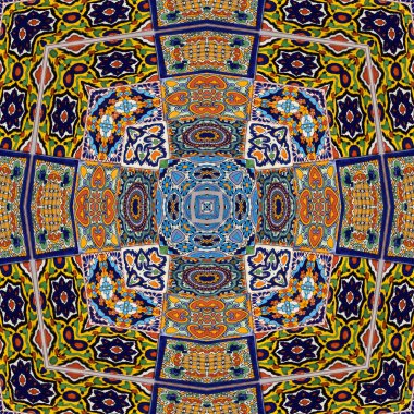 Luxury oriental tile seamless pattern. Colorful floral patchwork background. Mandala boho chic style. Rich flower ornament. Hexagon design elements. Portuguese moroccan motif. 