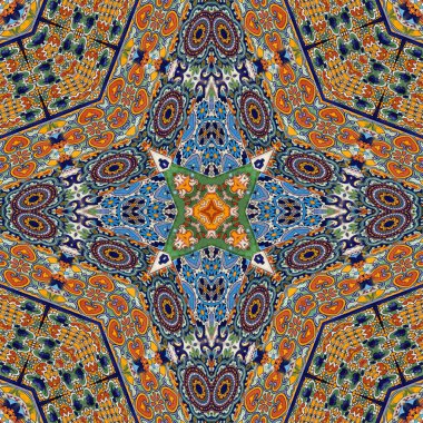 Luxury oriental tile seamless pattern. Colorful floral patchwork background. Mandala boho chic style. Rich flower ornament. Hexagon design elements. Portuguese moroccan motif. 
