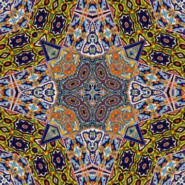 Luxury oriental tile seamless pattern. Colorful floral patchwork background. Mandala boho chic style. Rich flower ornament. Hexagon design elements. Portuguese moroccan motif. 