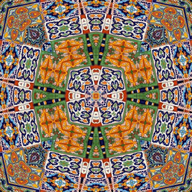 Luxury oriental tile seamless pattern. Colorful floral patchwork background. Mandala boho chic style. Rich flower ornament. Hexagon design elements. Portuguese Moroccan motif. 