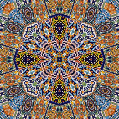 Luxury oriental tile seamless pattern. Colorful floral patchwork background. Mandala boho chic style. Rich flower ornament. Hexagon design elements. Portuguese Moroccan motif. 