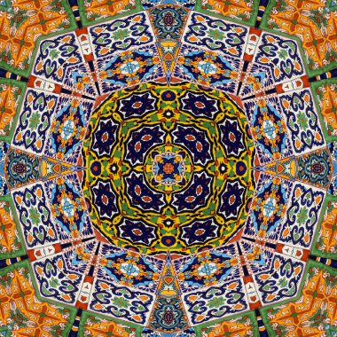 Luxury oriental tile seamless pattern. Colorful floral patchwork background. Mandala boho chic style. Rich flower ornament. Hexagon design elements. Portuguese Moroccan motif. 