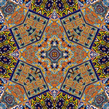 Luxury oriental tile seamless pattern. Colorful floral patchwork background. Mandala boho chic style. Rich flower ornament. Hexagon design elements. Portuguese Moroccan motif. 