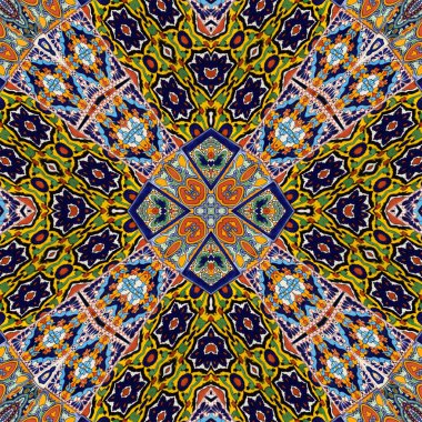 Luxury oriental tile seamless pattern. Colorful floral patchwork background. Mandala boho chic style. Rich flower ornament. Hexagon design elements. Portuguese Moroccan motif. 