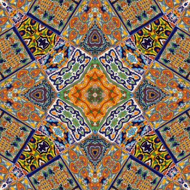 Luxury oriental tile seamless pattern. Colorful floral patchwork background. Mandala boho chic style. Rich flower ornament. Hexagon design elements. Portuguese Moroccan motif. 