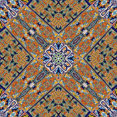 Luxury oriental tile seamless pattern. Colorful floral patchwork background. Mandala boho chic style. Rich flower ornament. Hexagon design elements. Portuguese Moroccan motif. 