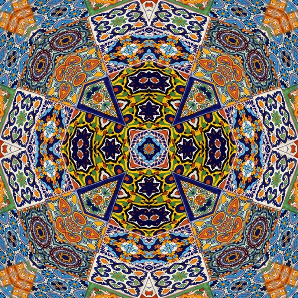 Luxury oriental tile seamless pattern. Colorful floral patchwork background. Mandala boho chic style. Rich flower ornament. Hexagon design elements. Portuguese moroccan motif. 