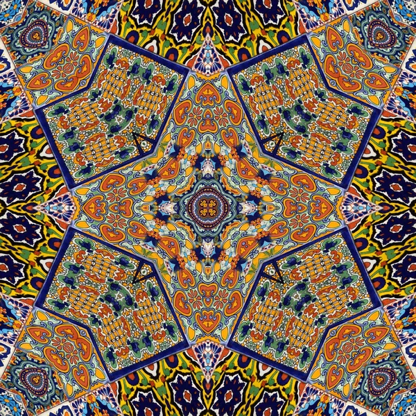 Luxury oriental tile seamless pattern. Colorful floral patchwork background. Mandala boho chic style. Rich flower ornament. Hexagon design elements. Portuguese Moroccan motif.
