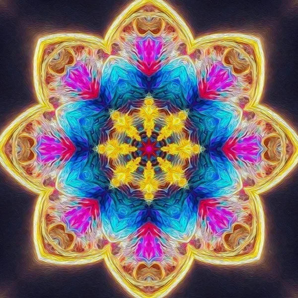 Magic mystic fantasy fractal. Esoteric neon glowing geometric mandala. Kaleidoscopic background.