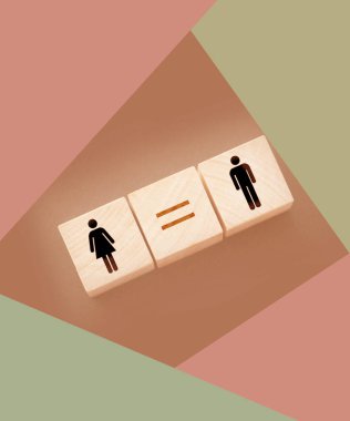 Cinsiyet eşitliği kavramları. Dişi ve erkek sembolü ve eşit işareti olan tahta küpleri. Eşit ücret sosyal karantina kavramı.