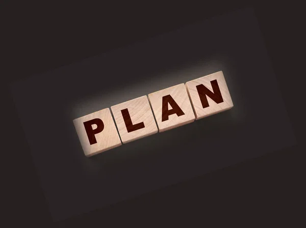 Bloco Cubo Madeira Com Plano Palavra Conceito Planeamento Empresarial — Fotografia de Stock