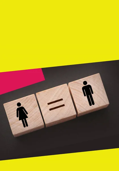 男女共同参画の概念 女性と男性のシンボルと等しい記号を持つ木製のキューブ 同等の賃金社会的品質の概念 — ストック写真