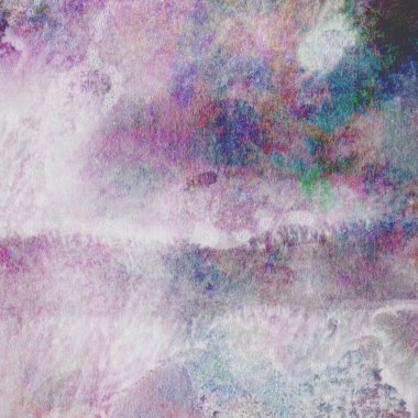 Leylak ve beyaz renklerle soyut suluboya deseni ve pembe, mavi ve yeşil renklerle dokunuşlar.