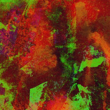 Soyut grunge renkli suluboya deseni yeşil, kırmızı ve sarı renklerle