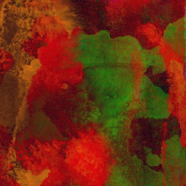 Soyut grunge renkli suluboya deseni yeşil, kırmızı ve sarı renklerle