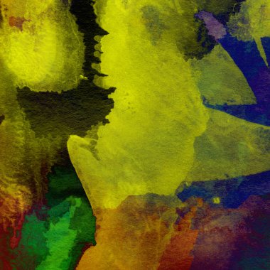 Mor, mavi, yeşil, sarı ve kırmızı renklerin karışık suluboya tonlarıyla desen.